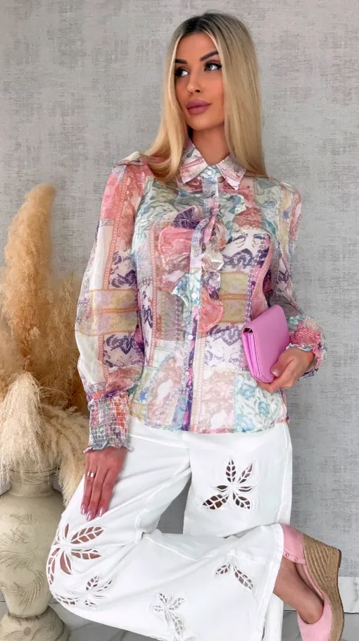 Elegancka bluzka koszulowa MGIEŁKA kolorowy print - R739A