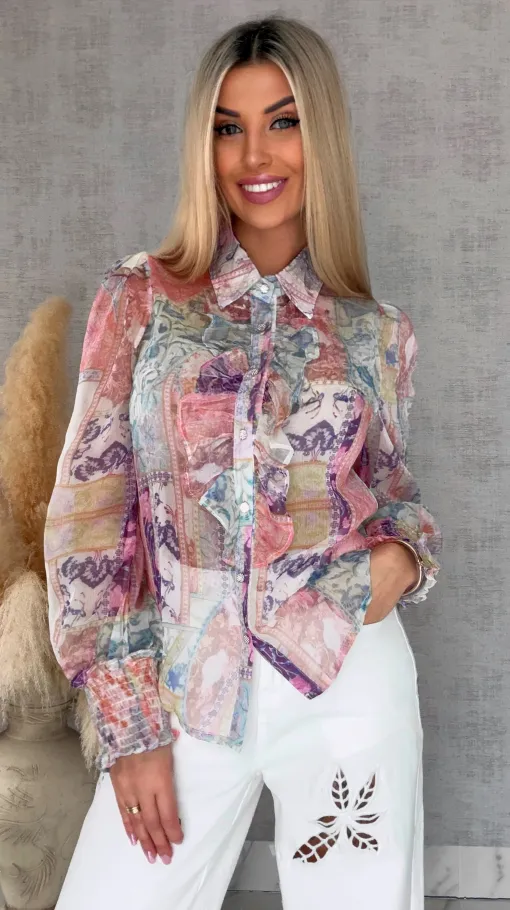 Elegancka bluzka koszulowa MGIEŁKA kolorowy print - R739A