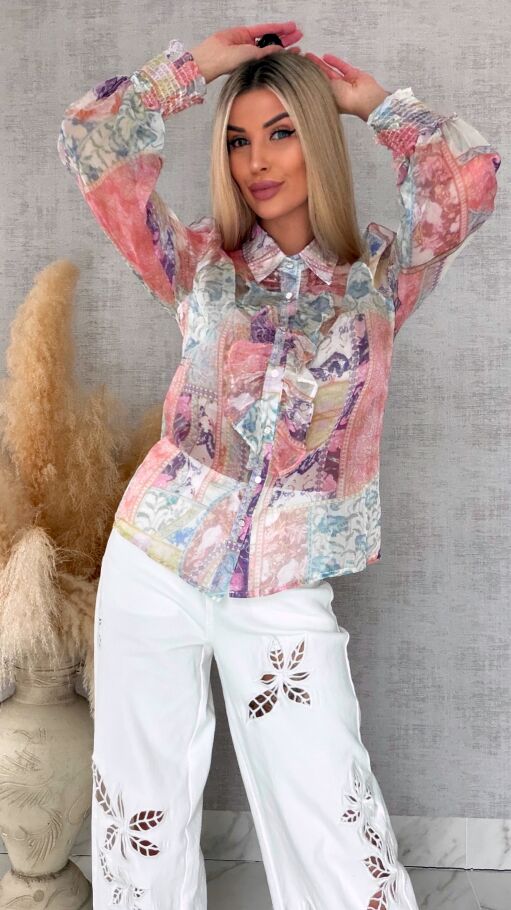 Elegancka bluzka koszulowa MGIEŁKA kolorowy print - R739A