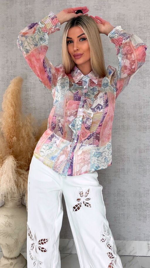 Elegancka bluzka koszulowa MGIEŁKA kolorowy print - R739A