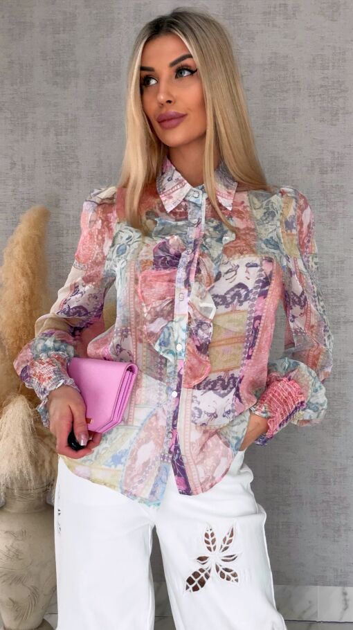 Elegancka bluzka koszulowa MGIEŁKA kolorowy print - R739A