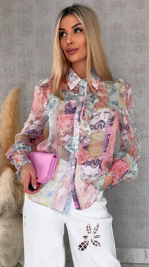 Elegancka bluzka koszulowa MGIEŁKA kolorowy print - R739A