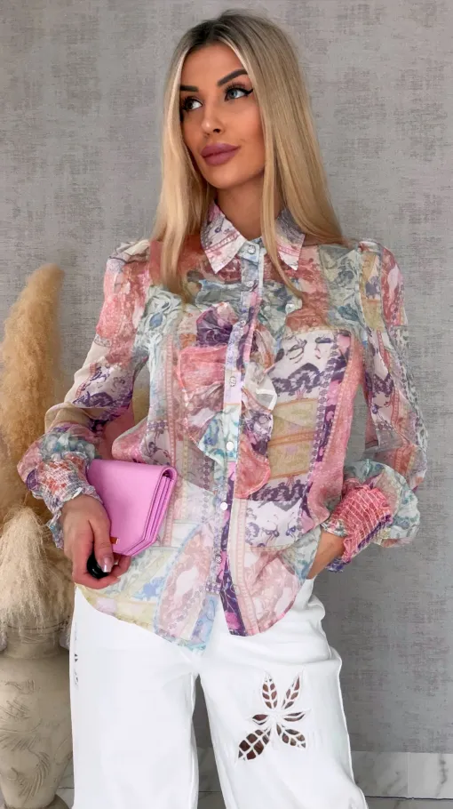 Elegancka bluzka koszulowa MGIEŁKA kolorowy print - R739A