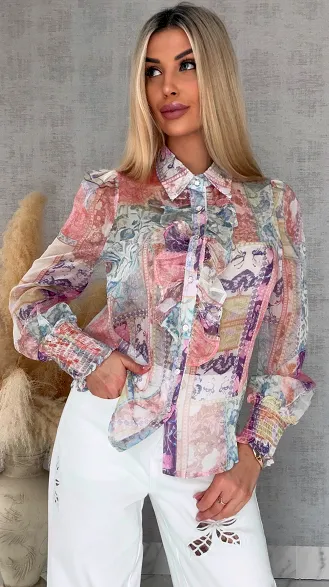 Elegancka bluzka koszulowa MGIEŁKA kolorowy print - R739A