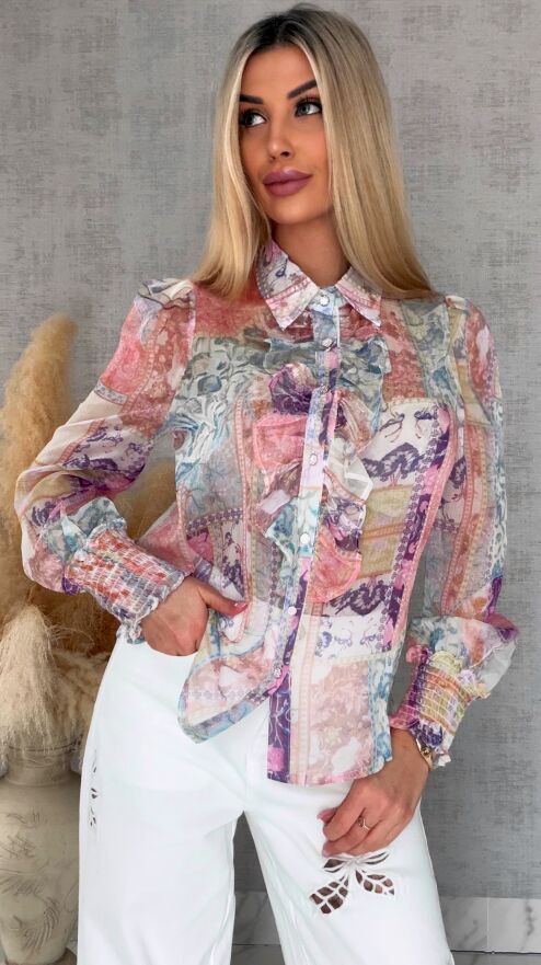 Elegancka bluzka koszulowa MGIEŁKA kolorowy print - R739A