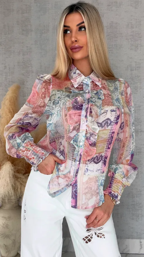 Elegancka bluzka koszulowa MGIEŁKA kolorowy print - R739A