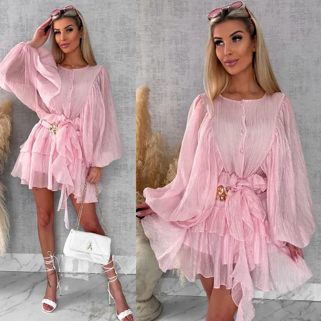 Wiosenna pastelowa sukienka z paskiem ONE SIZE pink - R455