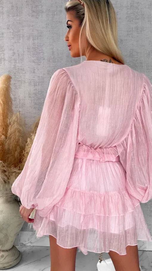 Wiosenna pastelowa sukienka z paskiem ONE SIZE pink - R455