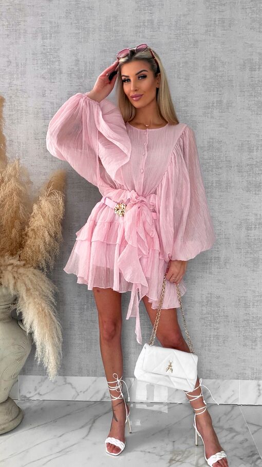 Wiosenna pastelowa sukienka z paskiem ONE SIZE pink - R455