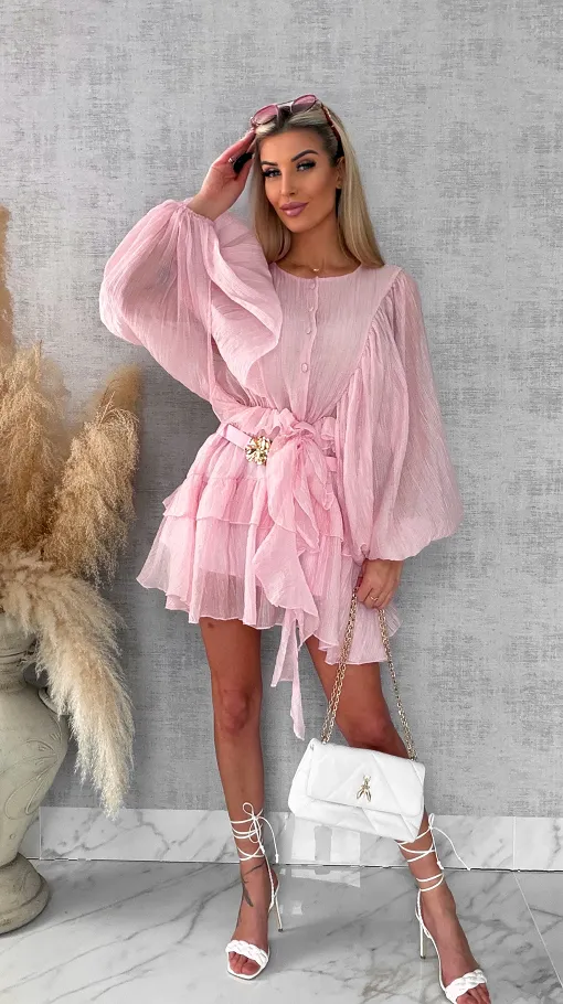 Wiosenna pastelowa sukienka z paskiem ONE SIZE pink - R455