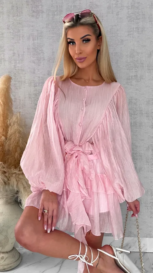 Wiosenna pastelowa sukienka z paskiem ONE SIZE pink - R455