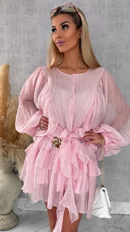 Wiosenna pastelowa sukienka z paskiem ONE SIZE pink - R455