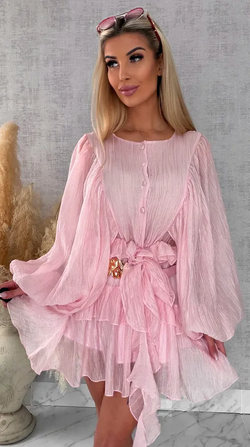 Wiosenna pastelowa sukienka z paskiem ONE SIZE pink - R455