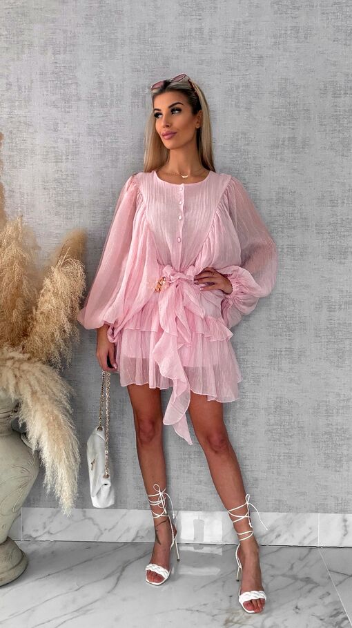 Wiosenna pastelowa sukienka z paskiem ONE SIZE pink - R455