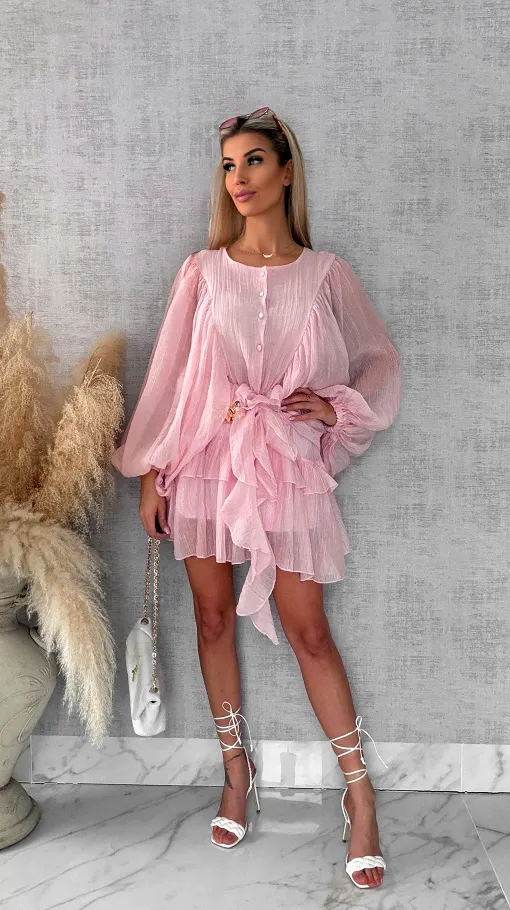 Wiosenna pastelowa sukienka z paskiem ONE SIZE pink - R455