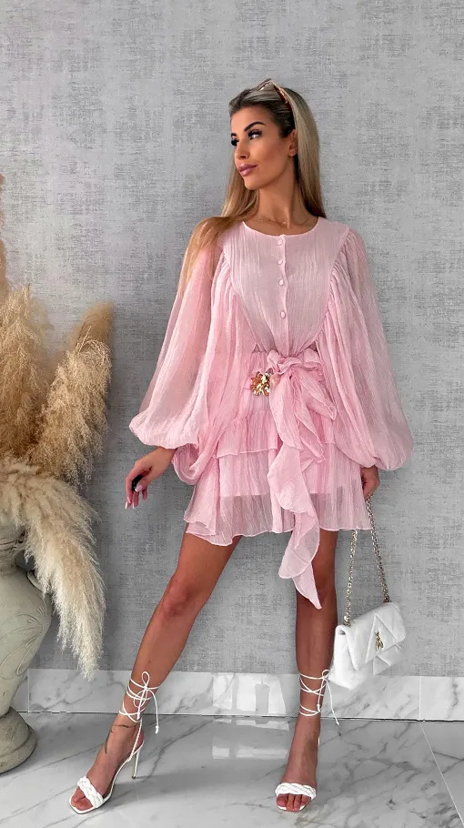 Wiosenna pastelowa sukienka z paskiem ONE SIZE pink - R455