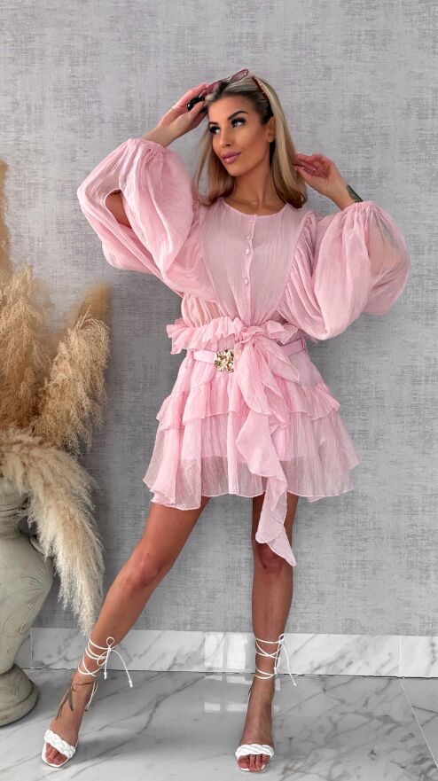 Wiosenna pastelowa sukienka z paskiem ONE SIZE pink - R455
