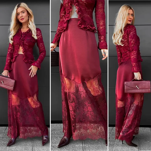 Modna satynowa spódnica MAXI z koronką BORDOWA - R075