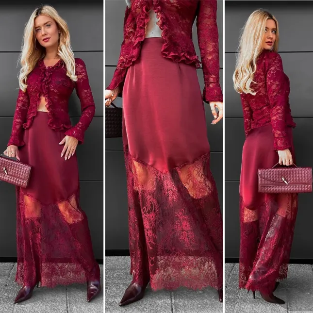 Modna satynowa spódnica MAXI z koronką BORDOWA - R075