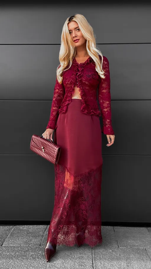 Modna satynowa spódnica MAXI z koronką BORDOWA - R075