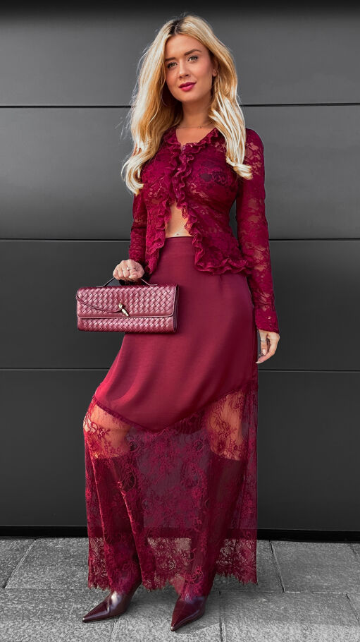 Modna satynowa spódnica MAXI z koronką BORDOWA - R075