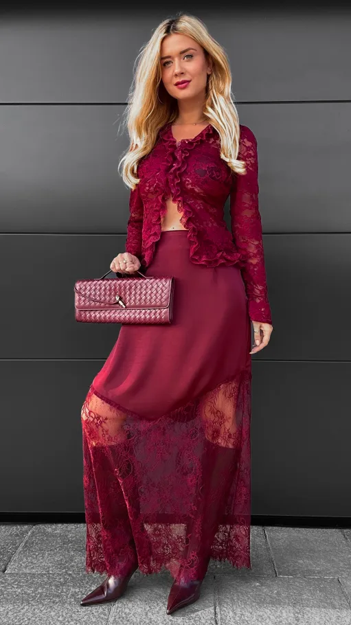 Modna satynowa spódnica MAXI z koronką BORDOWA - R075