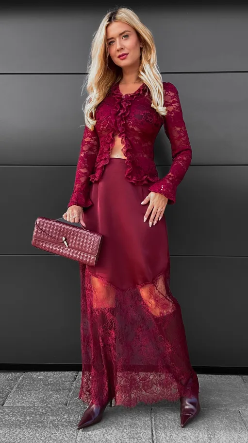 Modna satynowa spódnica MAXI z koronką BORDOWA - R075
