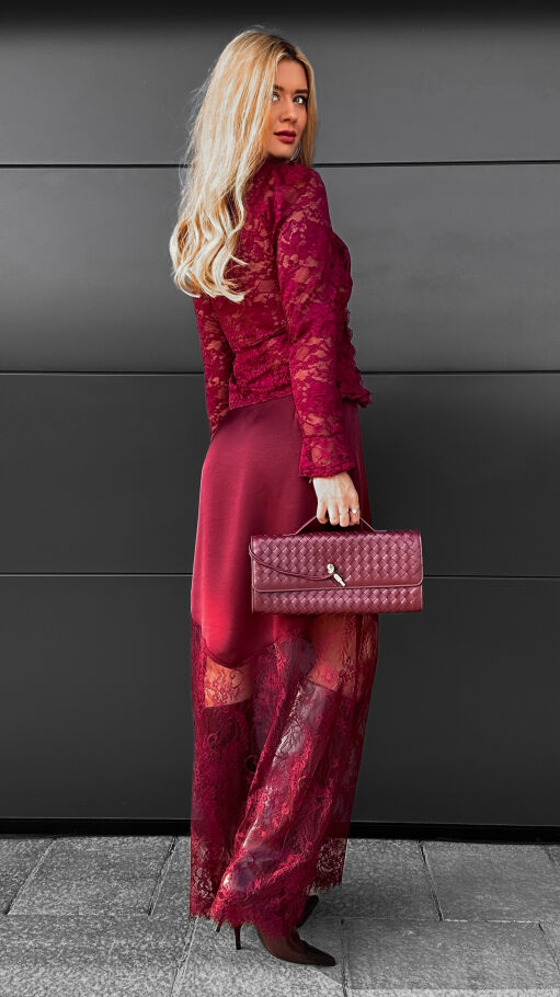 Modna satynowa spódnica MAXI z koronką BORDOWA - R075