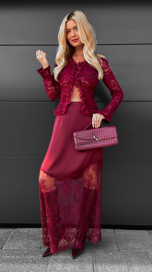 Modna satynowa spódnica MAXI z koronką BORDOWA - R075
