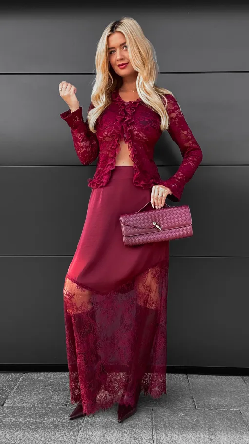 Modna satynowa spódnica MAXI z koronką BORDOWA - R075
