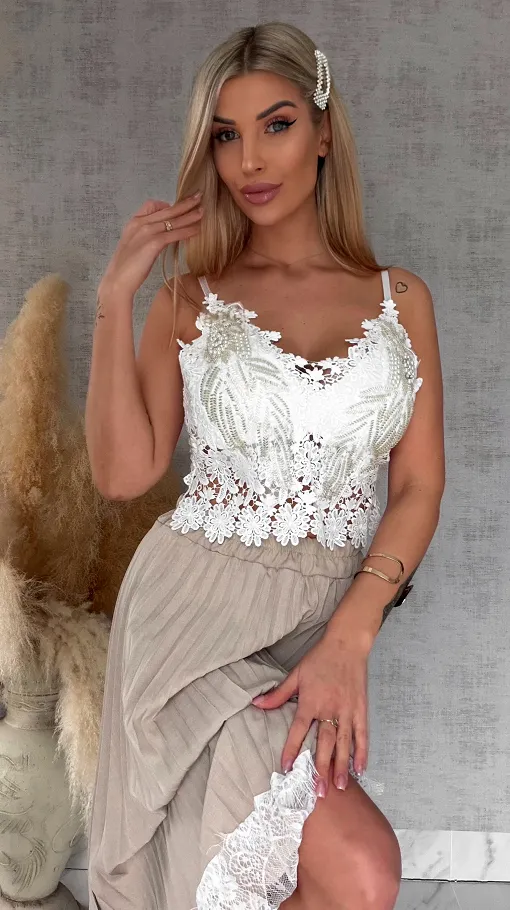 Modowy koronkowy biały TOP usztywniany i zdobiony ONE SIZE - R760