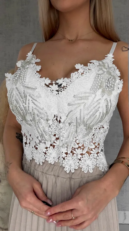Modowy koronkowy biały TOP usztywniany i zdobiony ONE SIZE - R760