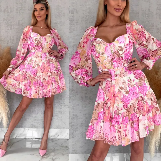 Wiosenna kolorowa sukienka w kwiaty - R639