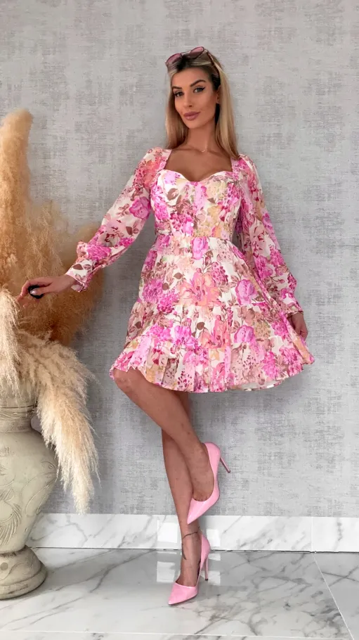 Wiosenna kolorowa sukienka w kwiaty - R639