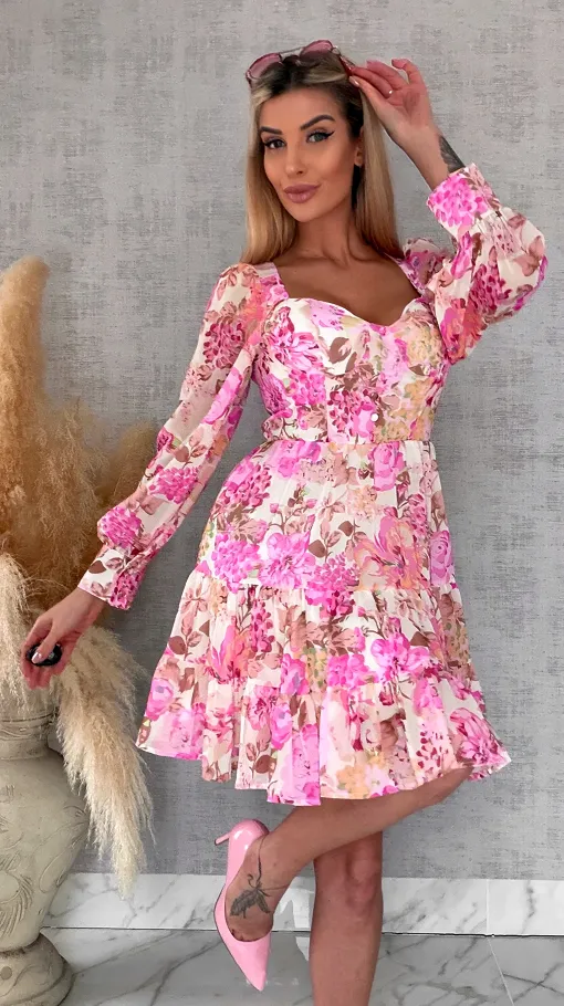 Wiosenna kolorowa sukienka w kwiaty - R639