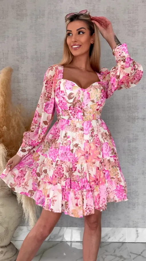 Wiosenna kolorowa sukienka w kwiaty - R639