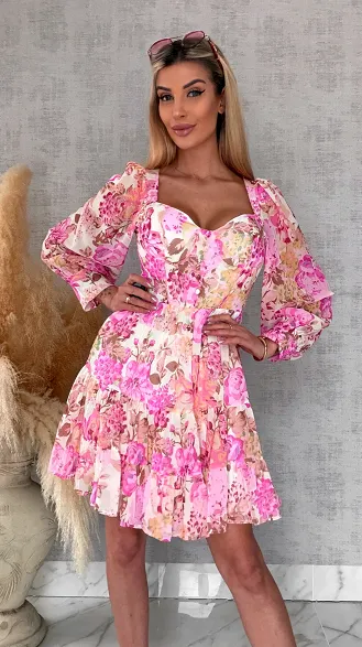 Wiosenna kolorowa sukienka w kwiaty - R639