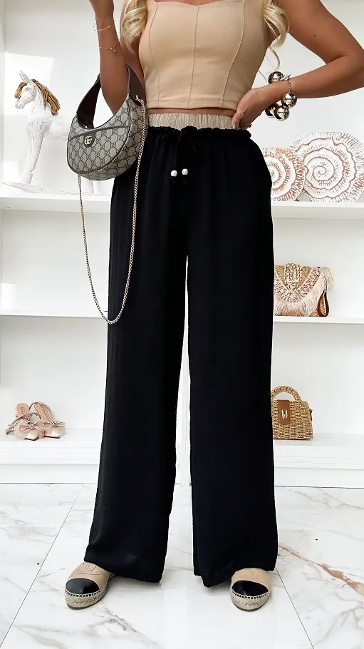 Letnie spodnie z beżowym elastycznym pasem CZARNE - P865