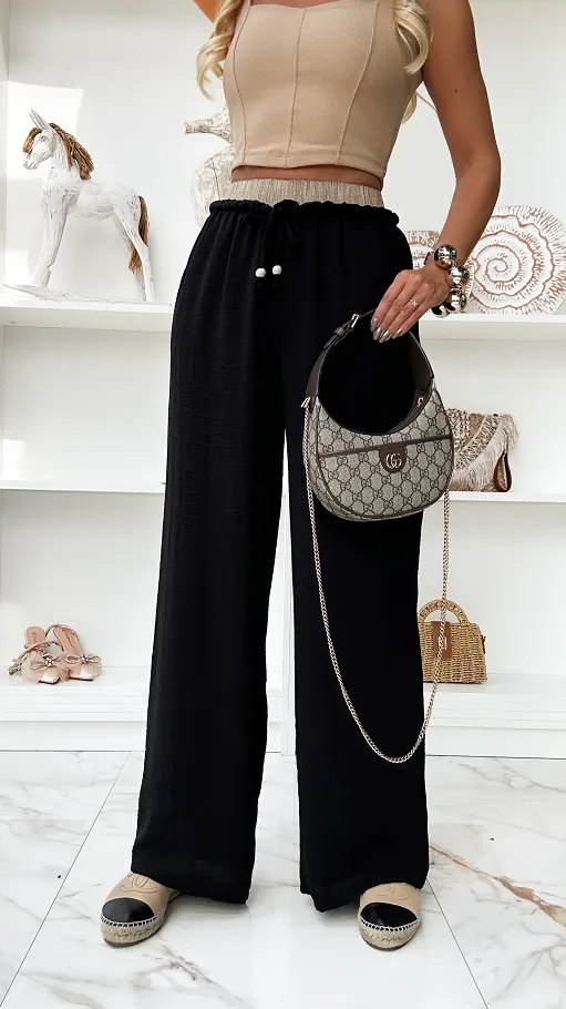 Letnie spodnie z beżowym elastycznym pasem CZARNE - P865