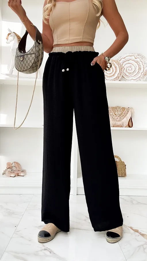 Letnie spodnie z beżowym elastycznym pasem CZARNE - P865