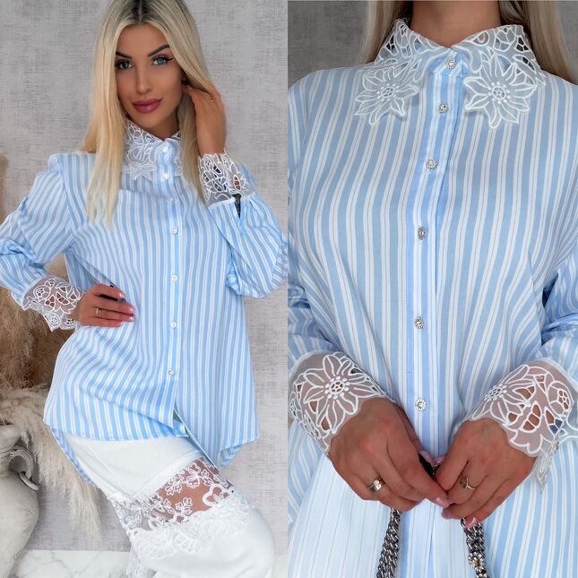 Niebieska koszula w paski zdobiona koronkowym kołnierzykiem ONE SIZE - R864A