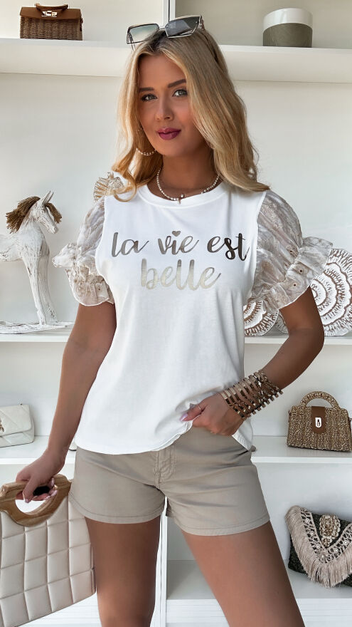 Biała bluzka t-shirt z beżowymi rękawkami i napisem ONE SIZE - P792
