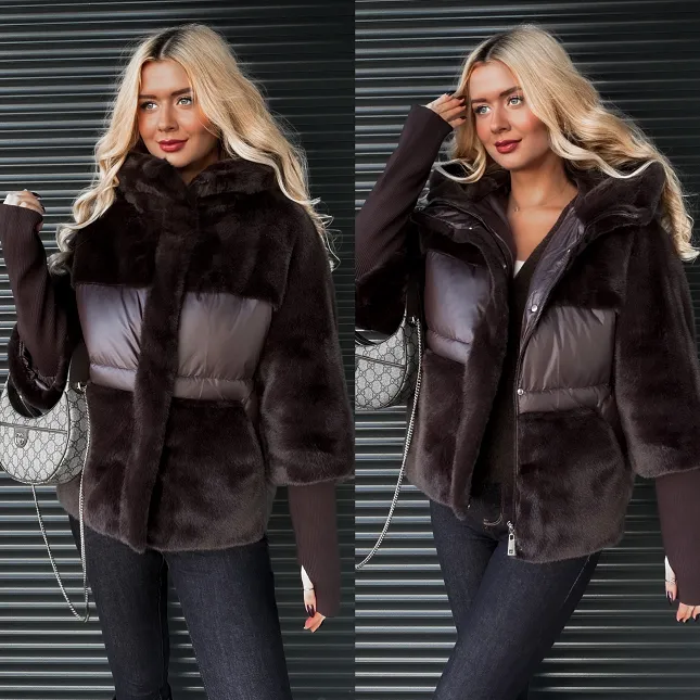 Czekoladowa PREMIUM kurtka z futerkiem kapturem i ściągaczami - R013A