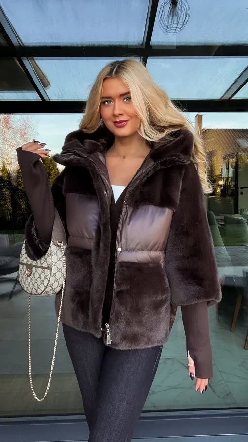 Czekoladowa PREMIUM kurtka z futerkiem kapturem i ściągaczami - R013A