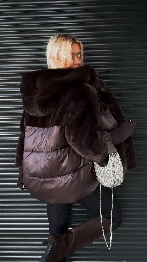 Czekoladowa PREMIUM kurtka z futerkiem kapturem i ściągaczami - R013A