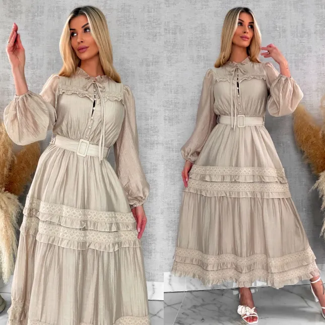 Elegancka długa sukienka zdobiona koronką BEŻOWA - R599