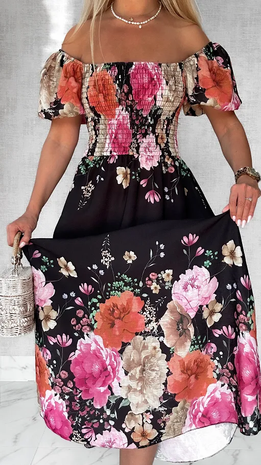 Czarna MAXI lniana sukienka hiszpanka w kwiaty ONE SIZE - P743B