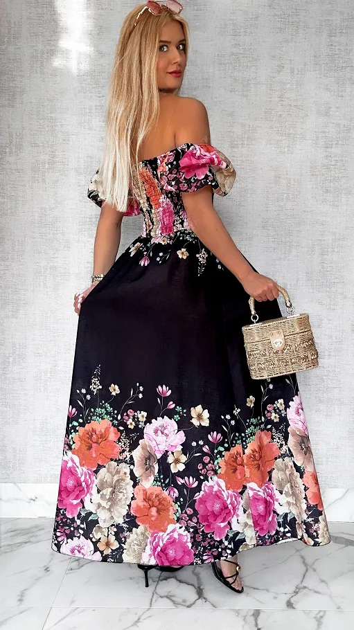 Czarna MAXI lniana sukienka hiszpanka w kwiaty ONE SIZE - P743B