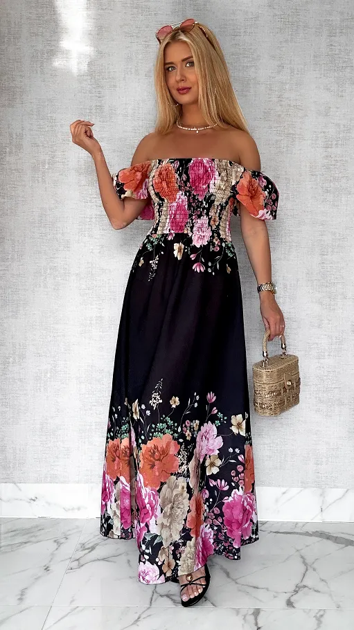Czarna MAXI lniana sukienka hiszpanka w kwiaty ONE SIZE - P743B