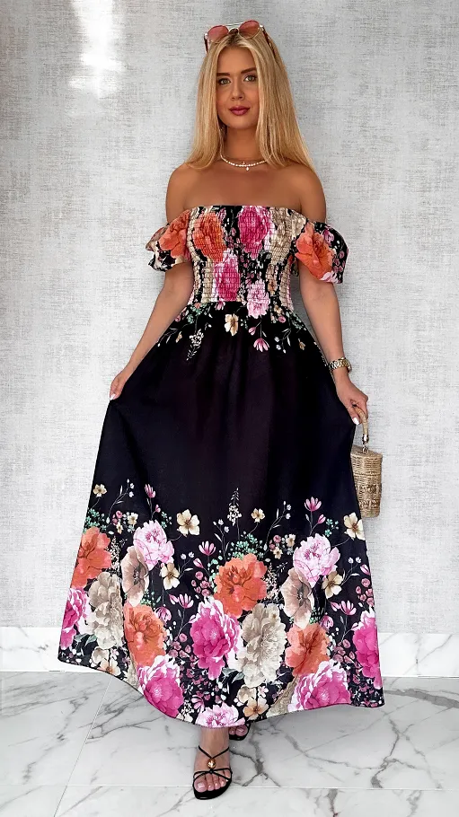 Czarna MAXI lniana sukienka hiszpanka w kwiaty ONE SIZE - P743B